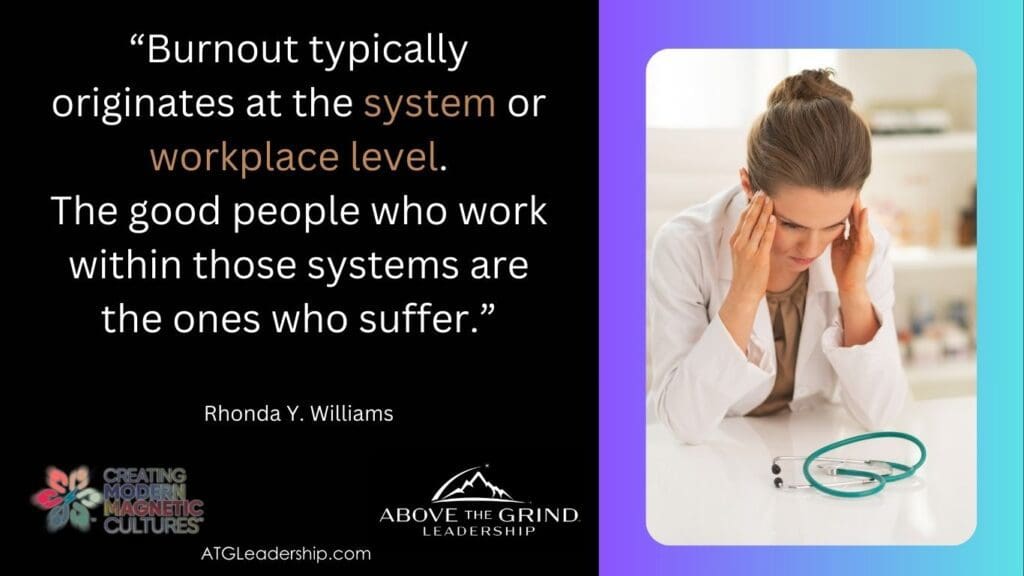 Quotes by Rhonda Y. Williams - “Burnout typially originates at the system or workplace level. It is the good people who work within those systems who suffer..” --Rhonda Y. Williams, CEO Above the Grind Leadership