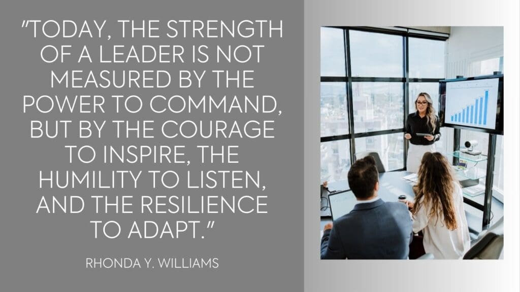 LEADJITSU Organizational Change Quotes by Rhonda Y. Williams - "today, the strength of a leader is not measured by the power to command, but by the courage to inspire, the humility to listen, and the resilience to adapt."