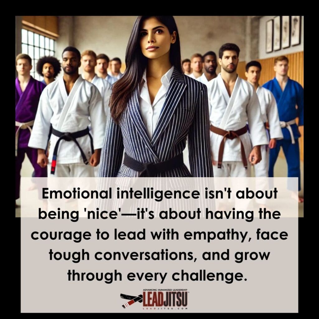 LEADJITSU Quotes: Emotional intelligence isn't about being 'nice'—it's about having the courage to lead with empathy, face tough conversations, and grow through every challenge.