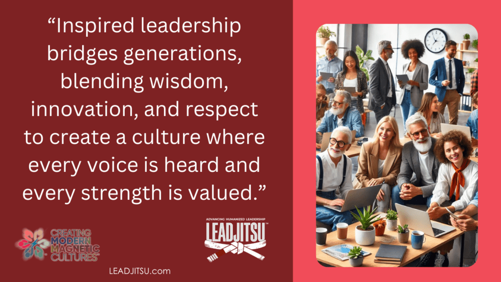 LEADJITSU Quotes: “Inspired leadership bridges generations, blending wisdom, innovation, and respect to create a culture where every voice is heard and every strength is valued.”